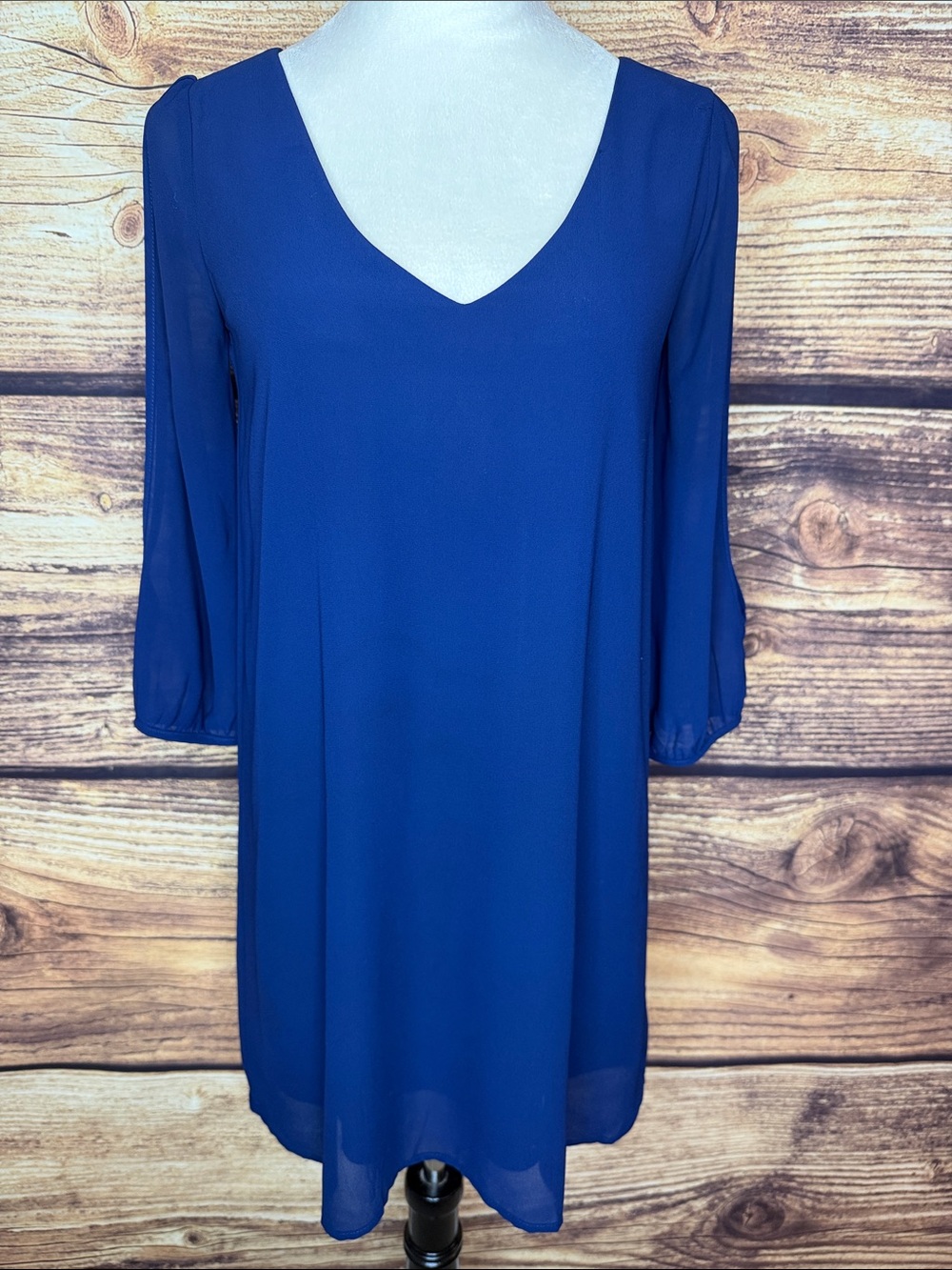 Lulu's Cobalt V-Neck Mini Dress with Sheer Sleeves